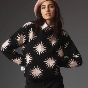 Anthropologie Carys mock neck Black Sweater w/ Pink & White Star Design by Maeve